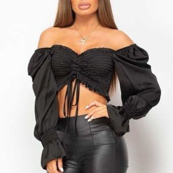 Women's Black Ruched Front Satin Off The Shoulder Blouse Size Small - Picture 1 of 4